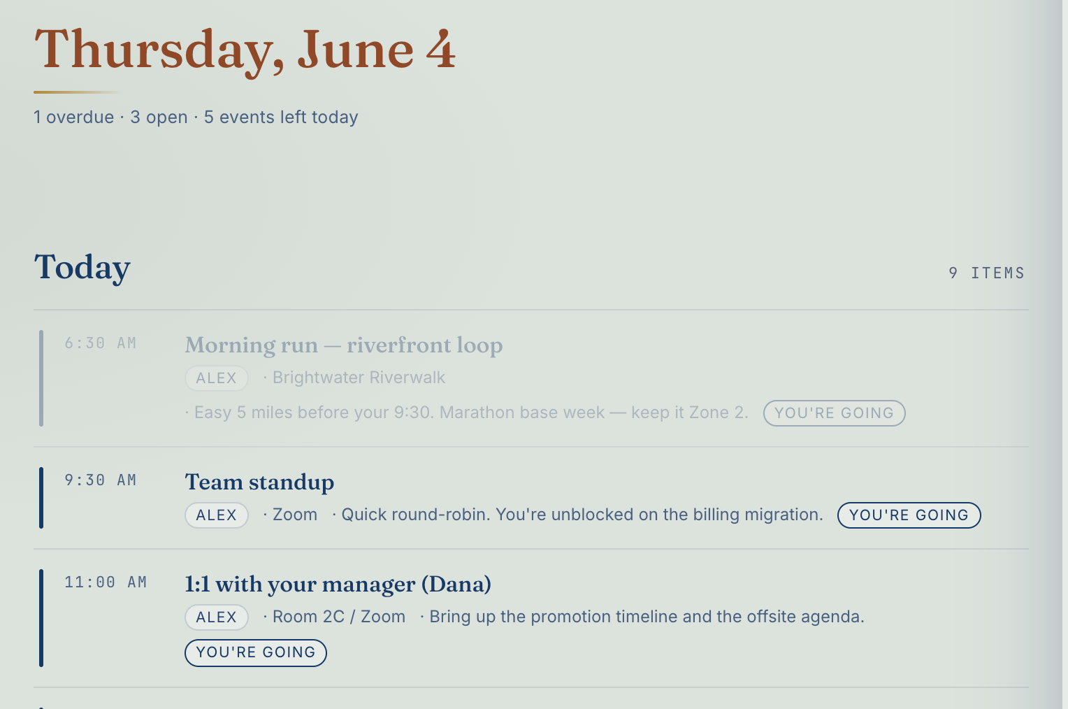 Coco's dashboard for a solo professional: 'Thursday, June 4 — 5 events left today', then the day laid out as a list — a morning run, a team standup, a 1:1 with the manager — already there, no prompt typed.