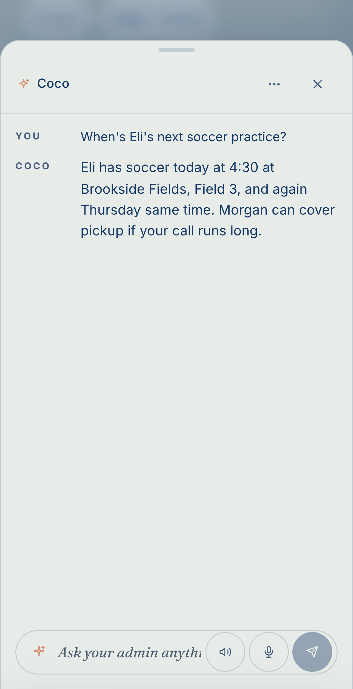 Coco on a phone: 'When's Eli's next soccer practice?' answered 'Eli has soccer today at 4:30 at Brookside Fields, Field 3, and again Thursday — Morgan can cover pickup if your call runs long' — context it had been tracking all week.